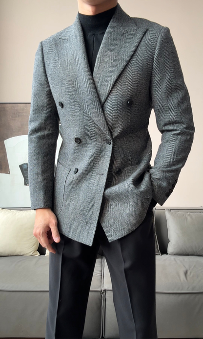 Men’s Retro Herringbone Double-Breasted Blazer - BRABION