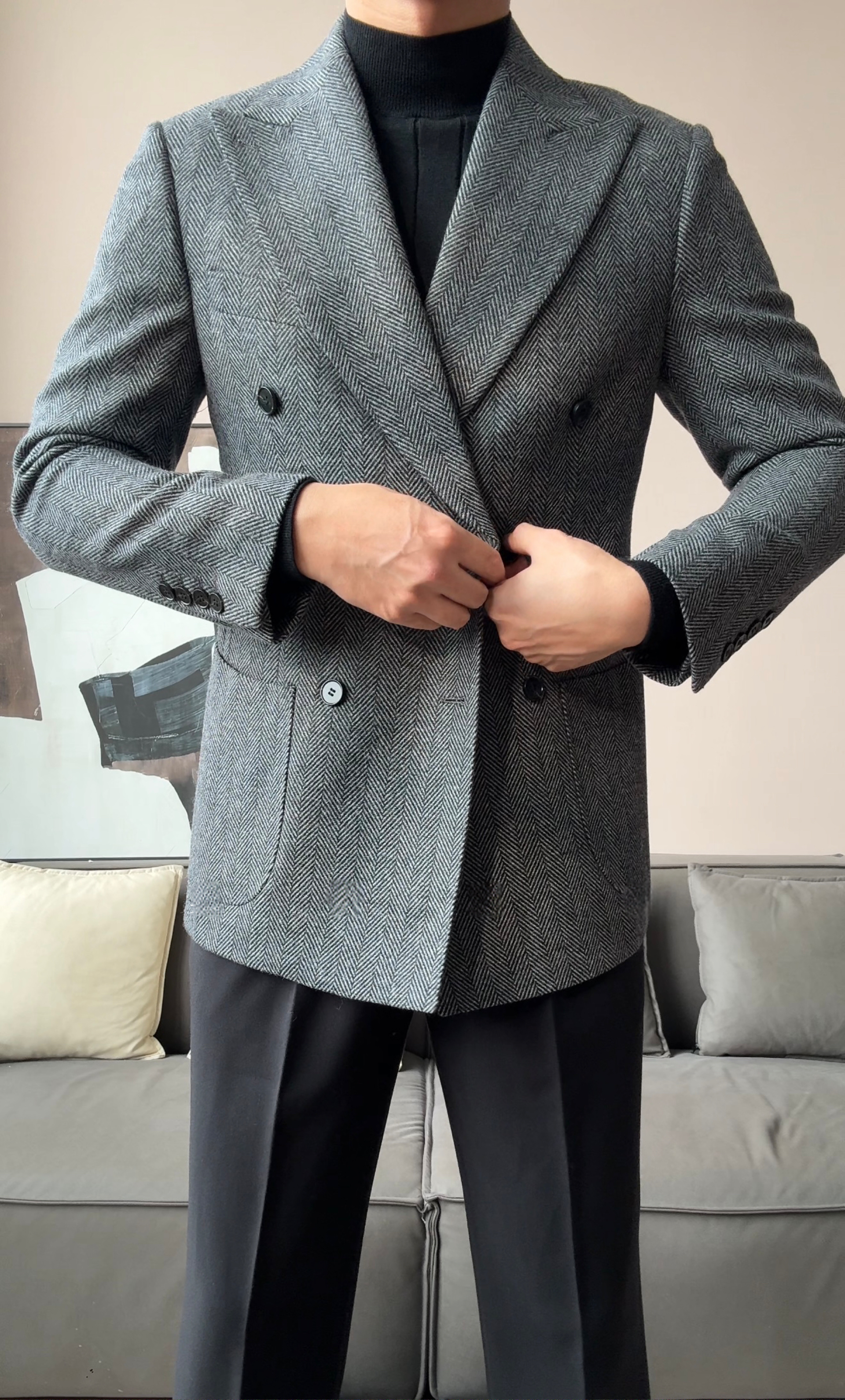 Men’s Retro Herringbone Double-Breasted Blazer - BRABION