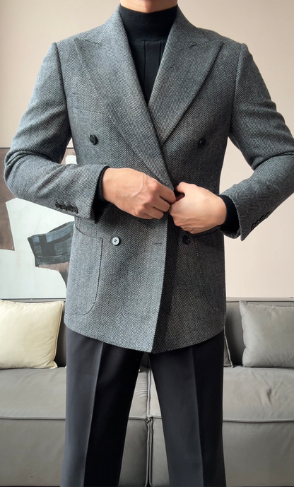 Men’s Retro Herringbone Double-Breasted Blazer - BRABION