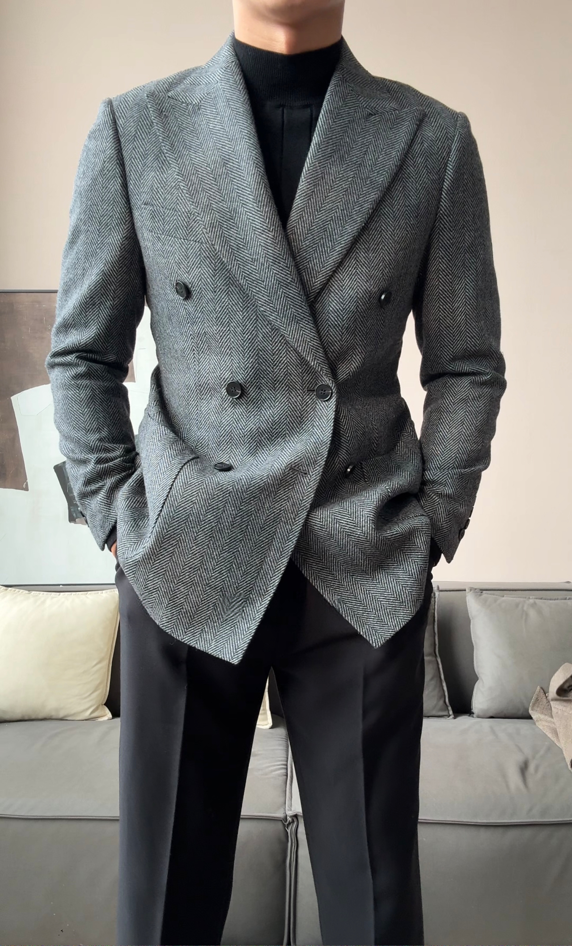 Men’s Retro Herringbone Double-Breasted Blazer - BRABION