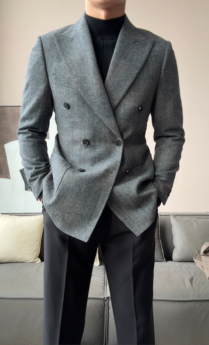 Men’s Retro Herringbone Double-Breasted Blazer - BRABION