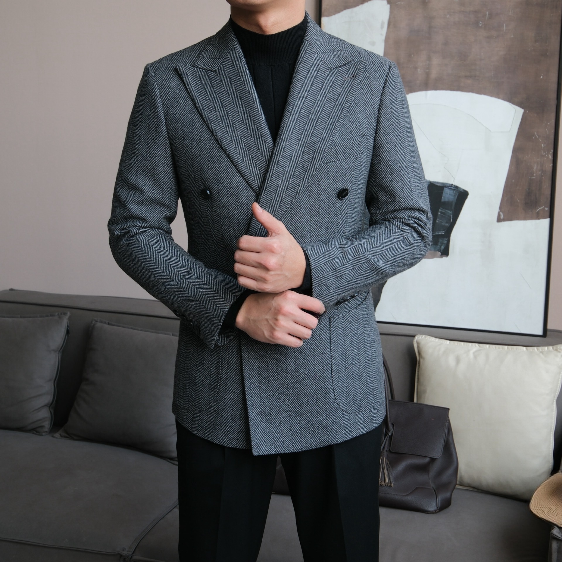 Men’s Retro Herringbone Double-Breasted Blazer - BRABION