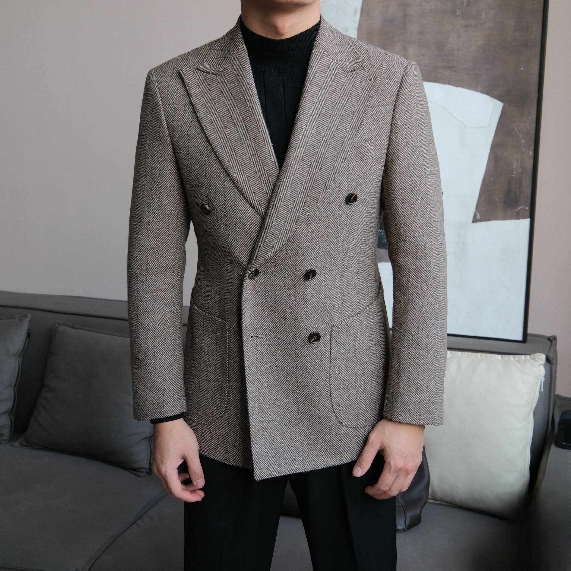 Men’s Retro Herringbone Double-Breasted Blazer - BRABION