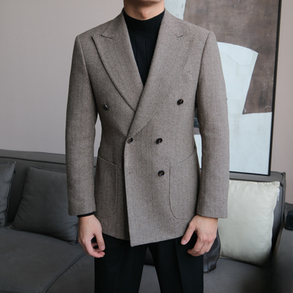 Men’s Retro Herringbone Double-Breasted Blazer - BRABION
