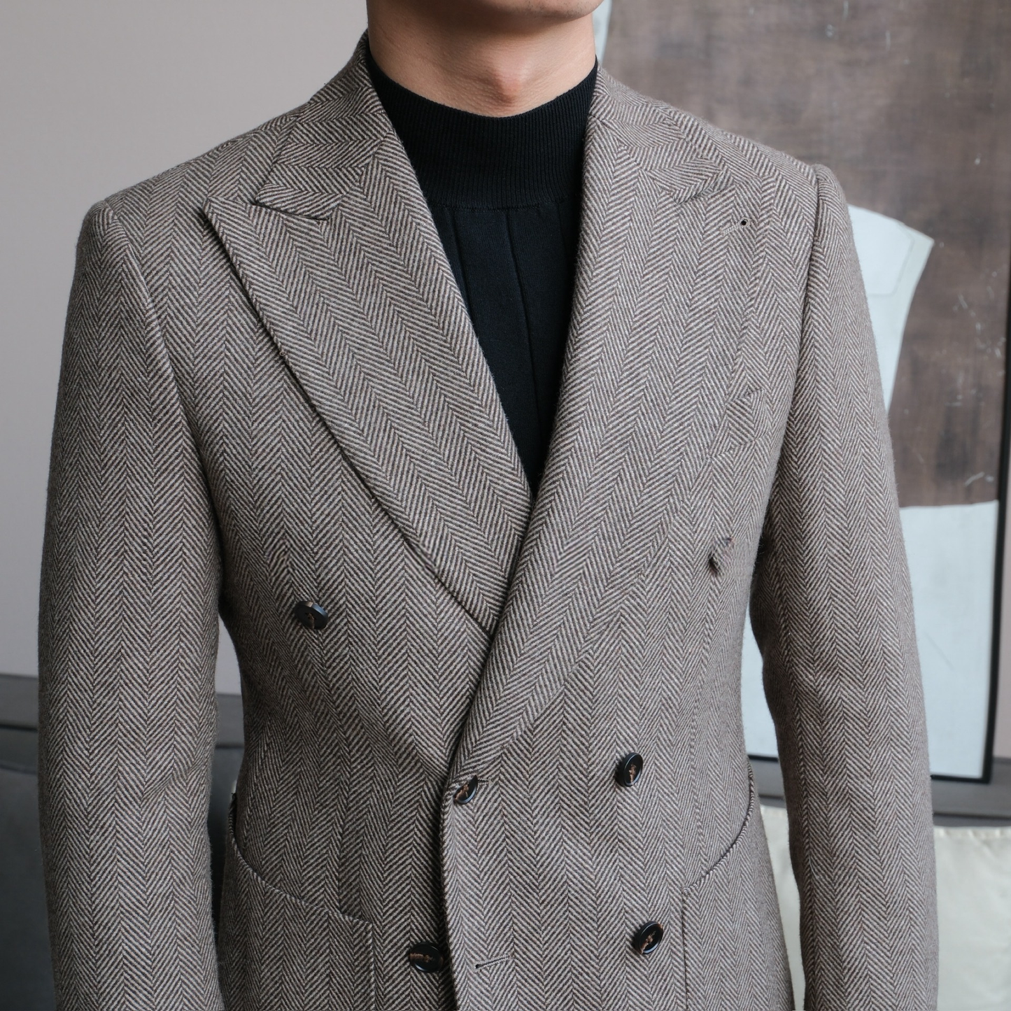 Men’s Retro Herringbone Double-Breasted Blazer - BRABION