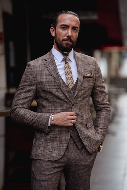 Paris Brown Slim Fit Notch Lapel 3 Piece Plaid Suit for Modern Men brabion