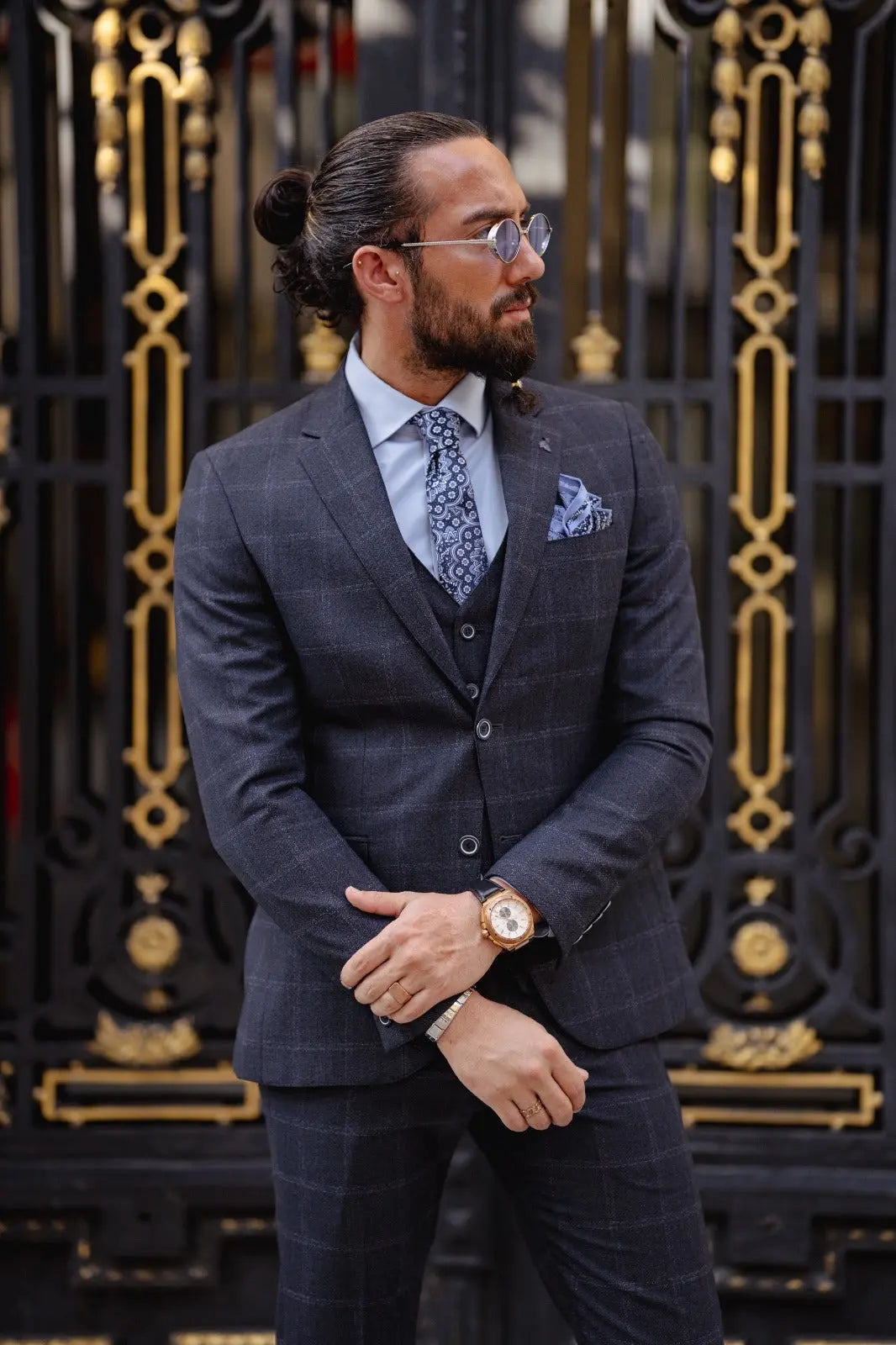 Paris Navy Blue Slim Fit Notch Lapel 3 Piece Check Suit brabion