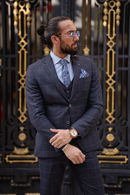 Paris Navy Blue Slim Fit Notch Lapel 3 Piece Check Suit brabion