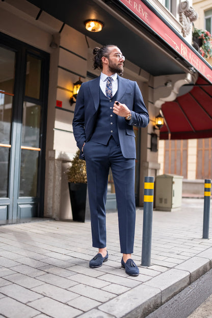 Brabion Perry Dark Blue Slim Fit Peak Lapel 3 Piece Suit brabion