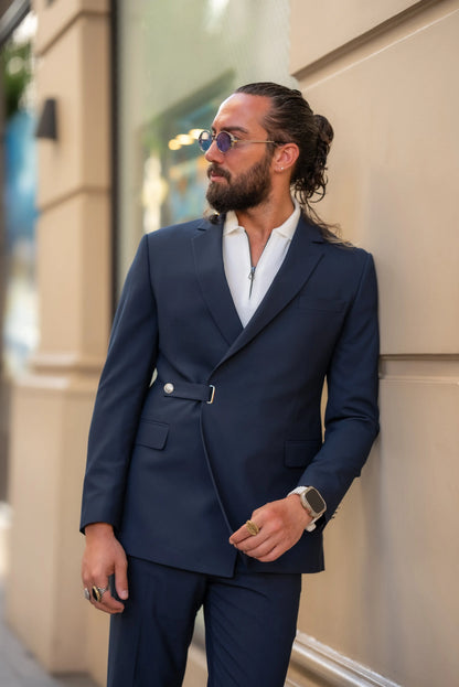 Brabion Alonso Navy Blue Slim Fit Double Breasted Buckle Suit brabion