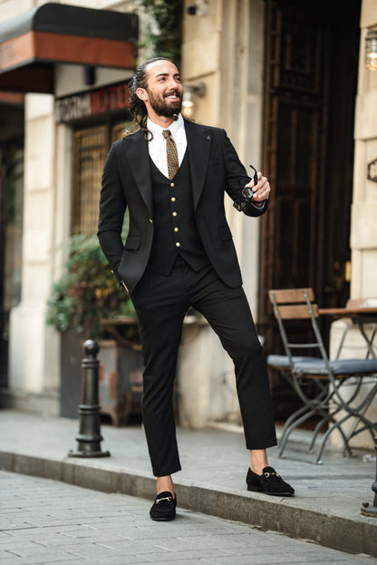 Brabion Noah Jet Black Slim Fit Peak Lapel 3 Piece Suit brabion