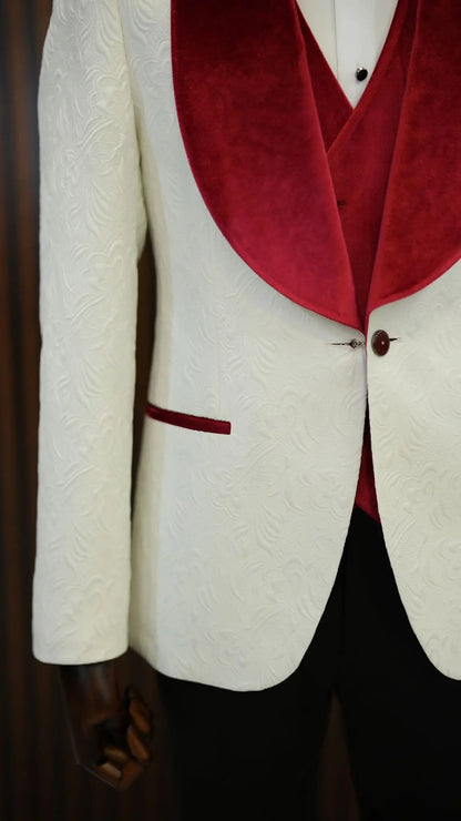 Fiore White Red Slim Fit Velvet Shawl Lapel Tuxedo - BRABION