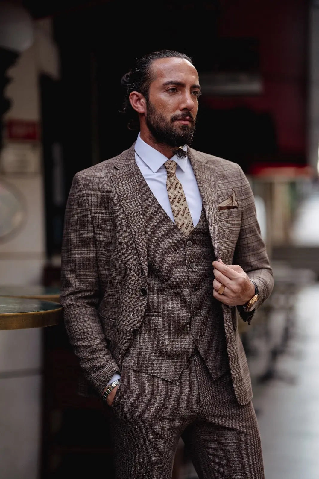 Paris Brown Slim Fit Notch Lapel 3 Piece Plaid Suit for Modern Men brabion