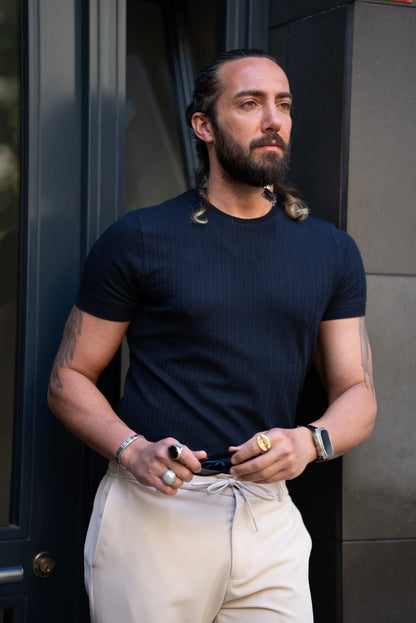 Brabion Alonso Navy Blue Slim Fit Crew Neck Striped T-Shirt - BRABION