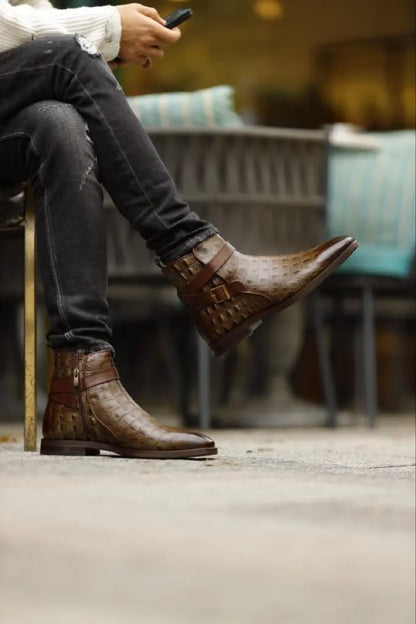 Empire Brown Crocodile Pattern Chelsea Buckle Boots - BRABION