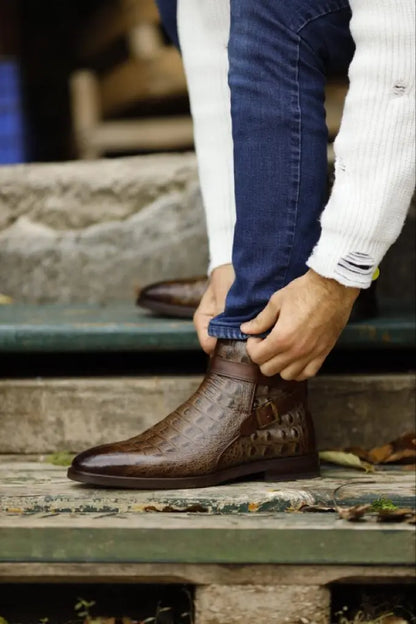 Empire Brown Crocodile Pattern Chelsea Buckle Boots - BRABION