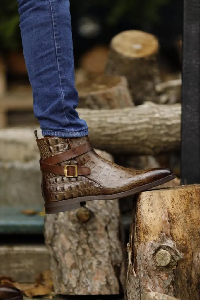 Empire Brown Crocodile Pattern Chelsea Buckle Boots - BRABION