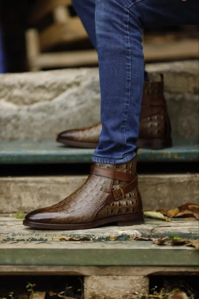 Empire Brown Crocodile Pattern Chelsea Buckle Boots - BRABION