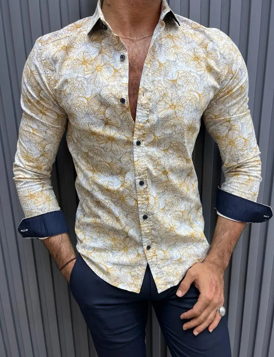 Brabion Lyon Beige Slim Fit Long Sleeve Floral Cotton Shirt - BRABION