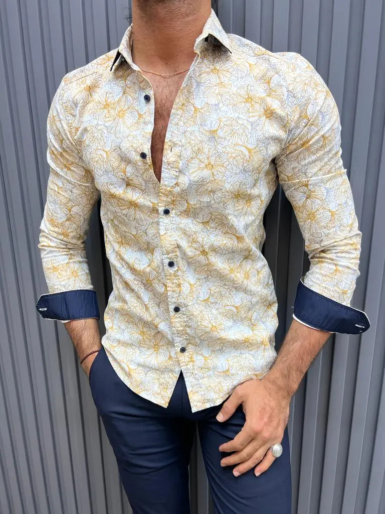Brabion Lyon Beige Slim Fit Long Sleeve Floral Cotton Shirt - BRABION
