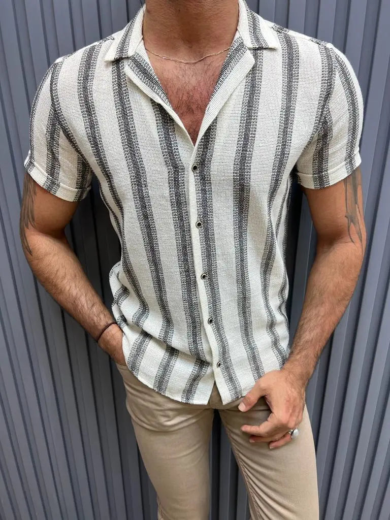 Brabion Lyon Beige Slim Fit Short Sleeve Striped Cotton Shirt - BRABION
