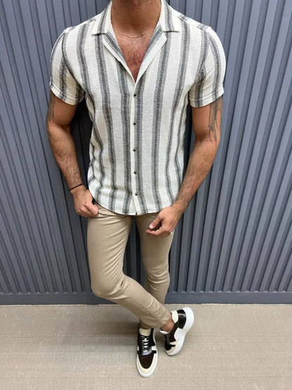Brabion Lyon Beige Slim Fit Short Sleeve Striped Cotton Shirt - BRABION