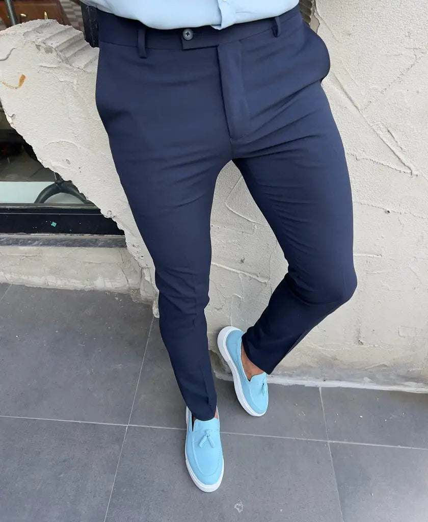 Lyon Navy Blue Slim Fit Pants - Versatile Comfort for Every Occasion - BRABION