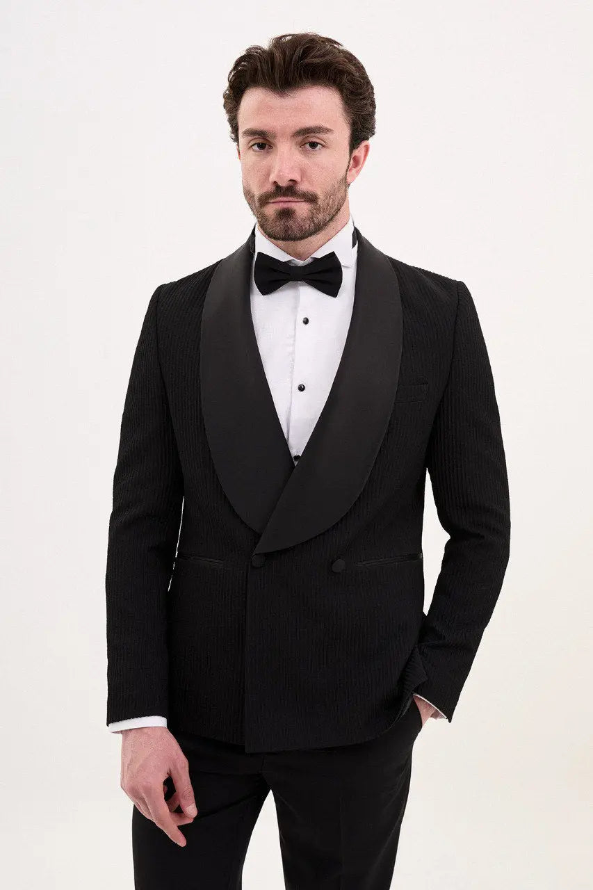 Brabion Rocco Black Slim Fit Double Breasted Striped Tuxedo - BRABION