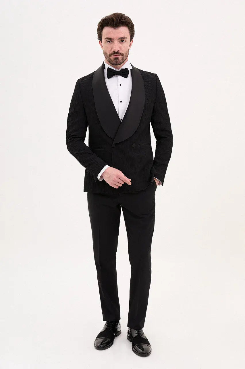 Brabion Luca Black Slim Fit Double Breasted Striped Tuxedo - BRABION