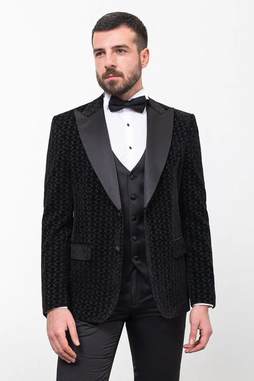 Brabion Rocco Black Slim Fit Peak Lapel Patterned Tuxedo - BRABION