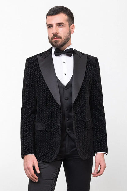 Brabion Rocco Black Slim Fit Peak Lapel Patterned Tuxedo - BRABION