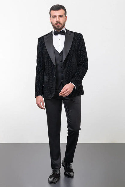 Brabion Rocco Black Slim Fit Peak Lapel Patterned Tuxedo - BRABION