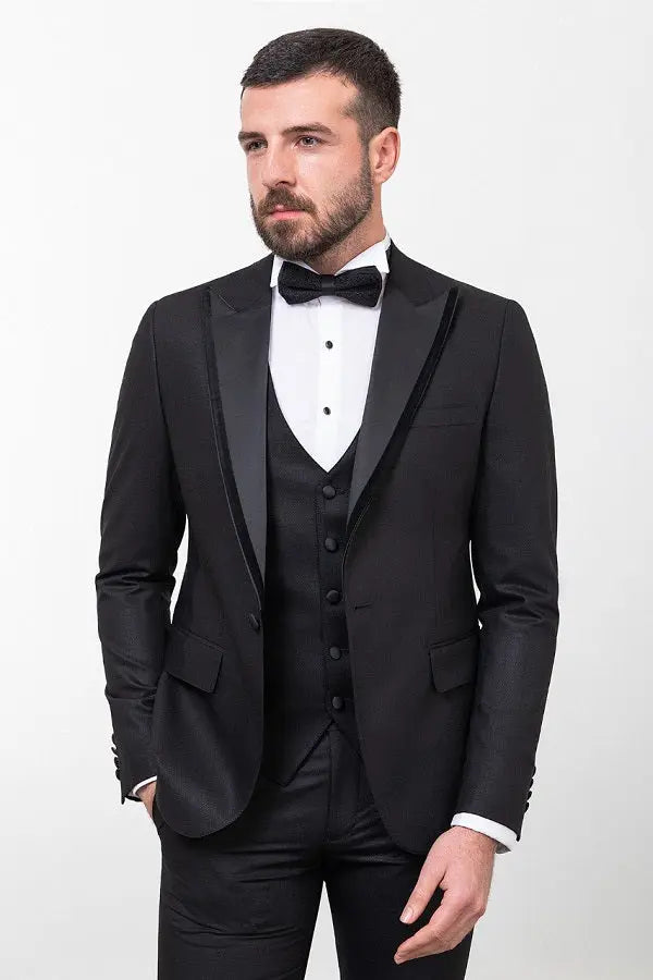 Brabion Rocco Black Slim Fit Peak Velvet Lapel Tuxedo - BRABION