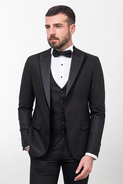 Brabion Rocco Black Slim Fit Peak Velvet Lapel Tuxedo - BRABION