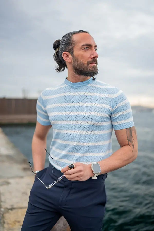 Brabion Sorento Blue Crewneck Striped T-Shirt - Slim Fit Comfort - BRABION