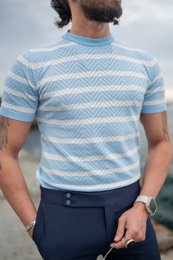 Brabion Sorento Blue Crewneck Striped T-Shirt - Slim Fit Comfort - BRABION