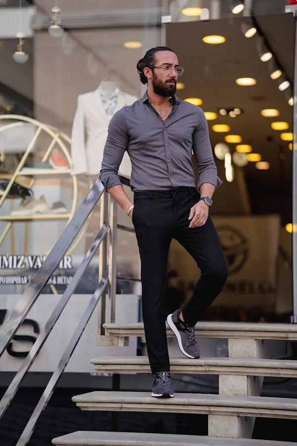 Brabion Ardean Gray Slim Fit Textured Cotton Shirt - BRABION