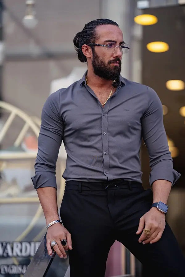 Brabion Ardean Gray Slim Fit Textured Cotton Shirt - BRABION