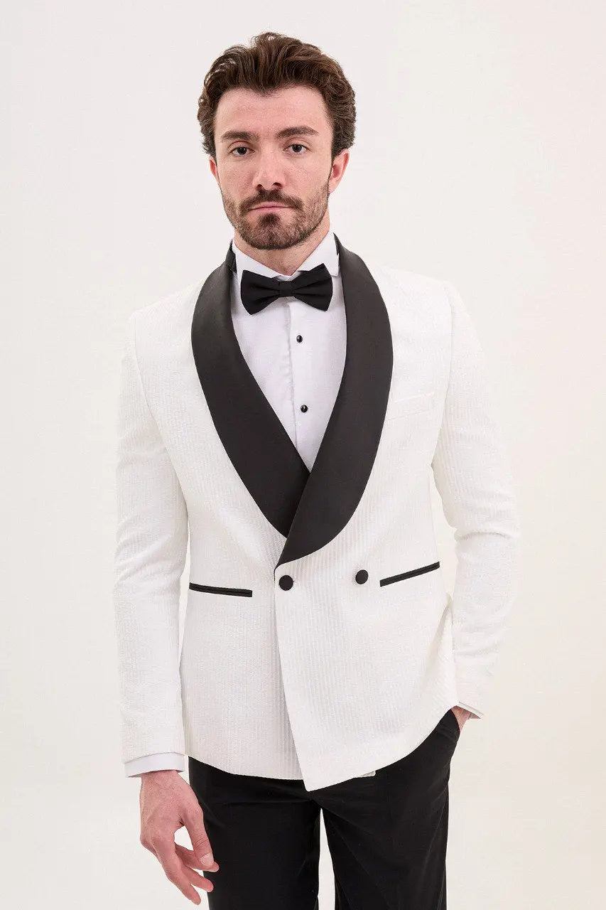 Brabion Rocco White Slim Fit Double Breasted Striped Tuxedo - BRABION