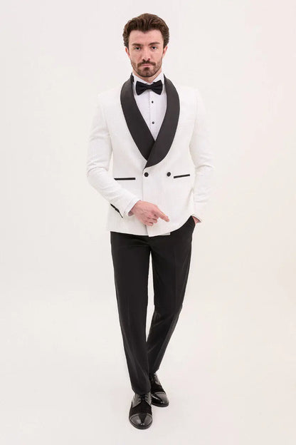 Brabion Rocco White Slim Fit Double Breasted Striped Tuxedo - BRABION