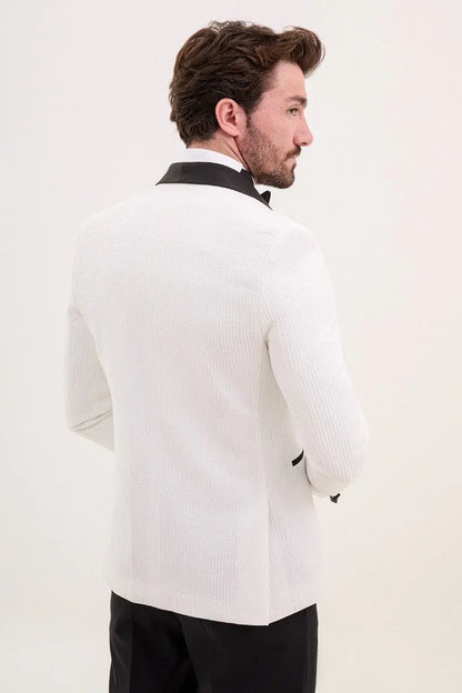 Brabion Rocco White Slim Fit Double Breasted Striped Tuxedo - BRABION