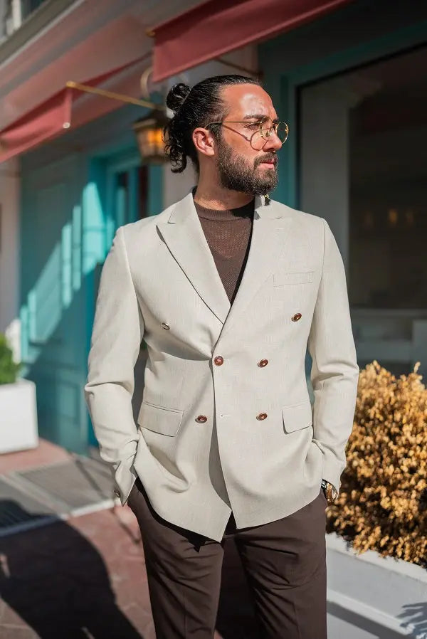 Brabion Lance Beige Slim Fit Double Breasted Blazer - Versatile Style for Every Occasion - BRABION