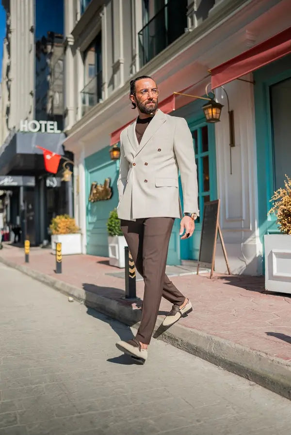 Brabion Lance Beige Slim Fit Double Breasted Blazer - Versatile Style for Every Occasion - BRABION