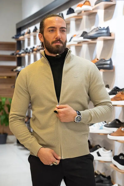 Brabion Lance Beige Slim Fit Zipper Cardigan - BRABION