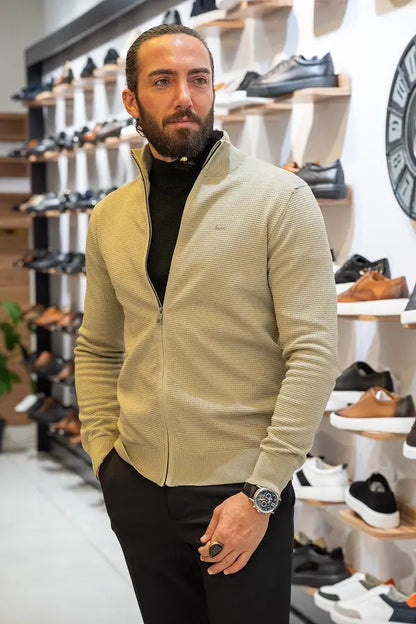 Brabion Lance Beige Slim Fit Zipper Cardigan - BRABION