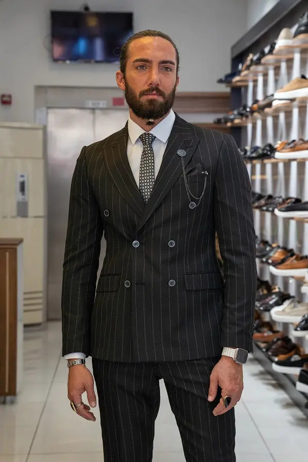 Brabion Lance Black Slim Fit Pinstripe Double Breasted Suit brabion