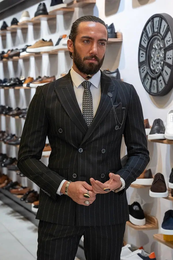 Brabion Lance Black Slim Fit Pinstripe Double Breasted Suit brabion