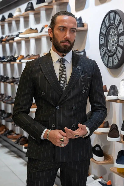 Brabion Lance Black Slim Fit Pinstripe Double Breasted Suit brabion