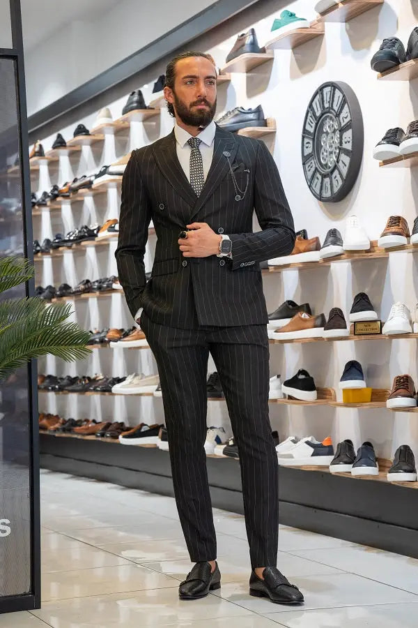 Brabion Lance Black Slim Fit Pinstripe Double Breasted Suit brabion