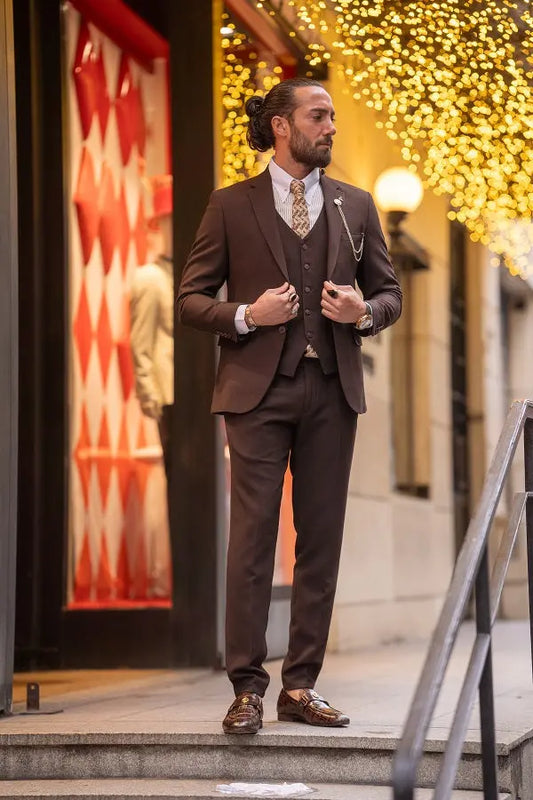 Brabion Lance Brown Slim Fit Notch Lapel 3 Piece Suit for Men brabion